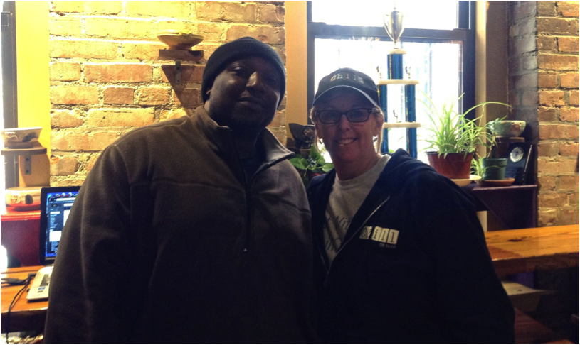 Wendy with Jeremy Thompson, a regular customer at Chill and Transitional Employment Program (TEP) Manager & Cafe Manager at Haley House Bakery Cafe