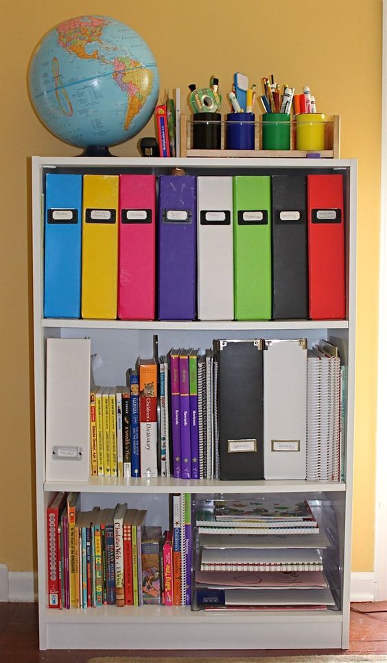 Photo of an organized work station in a school classroom