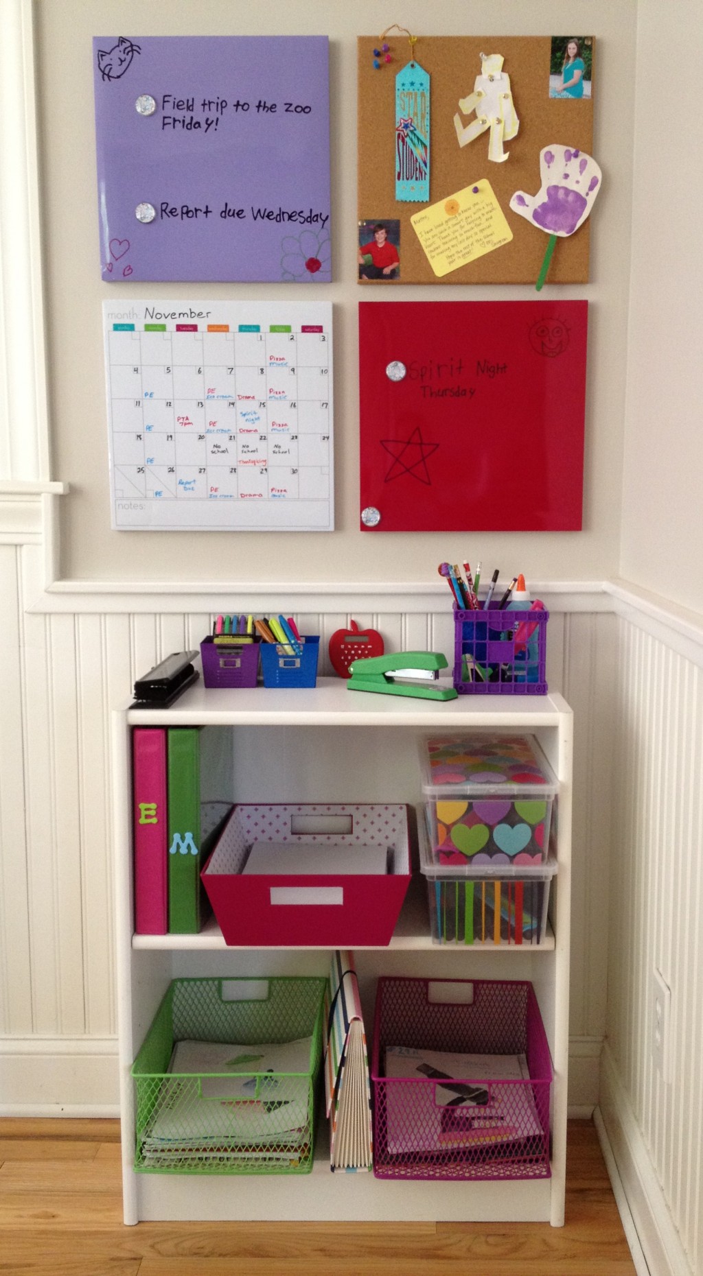 Photo of a student's organized wall and shelf station